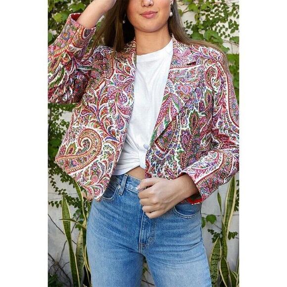 Alix of Bohemia Demi Paisley Blazer Pockets Hand Printed Open Jacket Size Large - Picture 1 of 11